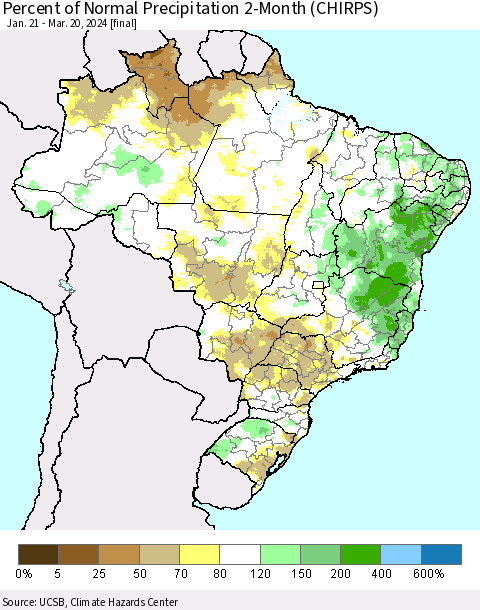 Brazil Percent of Normal Precipitation 2-Month (CHIRPS) Thematic Map For 1/21/2024 - 3/20/2024