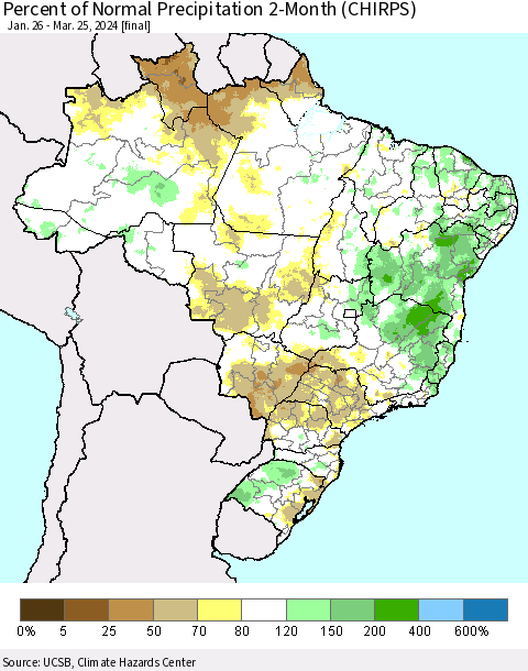 Brazil Percent of Normal Precipitation 2-Month (CHIRPS) Thematic Map For 1/26/2024 - 3/25/2024