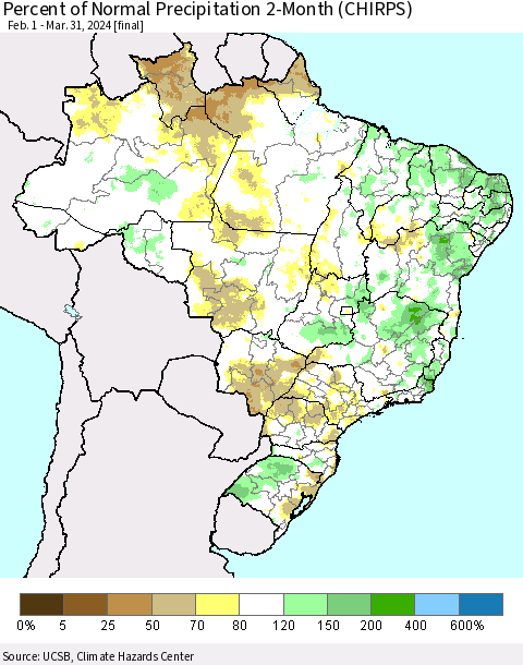 Brazil Percent of Normal Precipitation 2-Month (CHIRPS) Thematic Map For 2/1/2024 - 3/31/2024