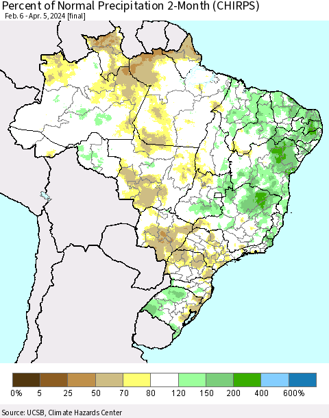 Brazil Percent of Normal Precipitation 2-Month (CHIRPS) Thematic Map For 2/6/2024 - 4/5/2024