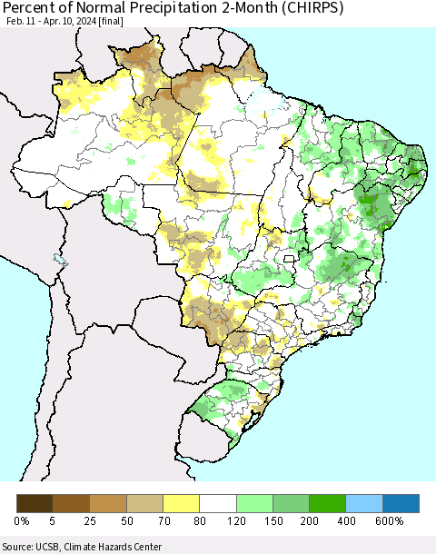 Brazil Percent of Normal Precipitation 2-Month (CHIRPS) Thematic Map For 2/11/2024 - 4/10/2024