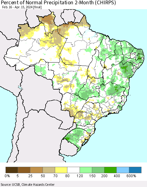 Brazil Percent of Normal Precipitation 2-Month (CHIRPS) Thematic Map For 2/16/2024 - 4/15/2024