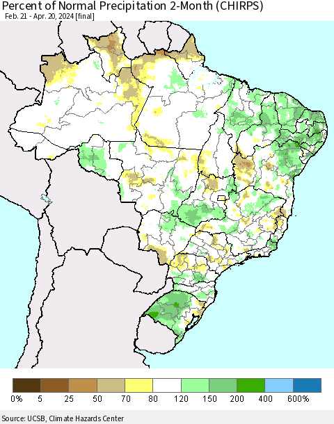 Brazil Percent of Normal Precipitation 2-Month (CHIRPS) Thematic Map For 2/21/2024 - 4/20/2024
