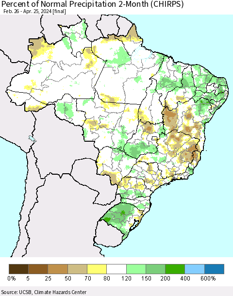 Brazil Percent of Normal Precipitation 2-Month (CHIRPS) Thematic Map For 2/26/2024 - 4/25/2024