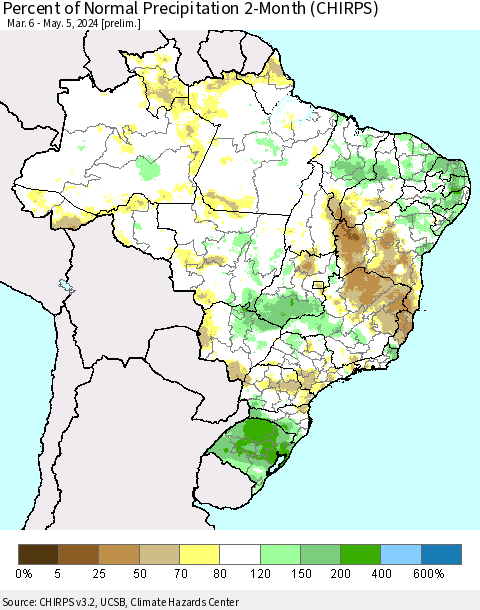 Brazil Percent of Normal Precipitation 2-Month (CHIRPS) Thematic Map For 3/6/2024 - 5/5/2024