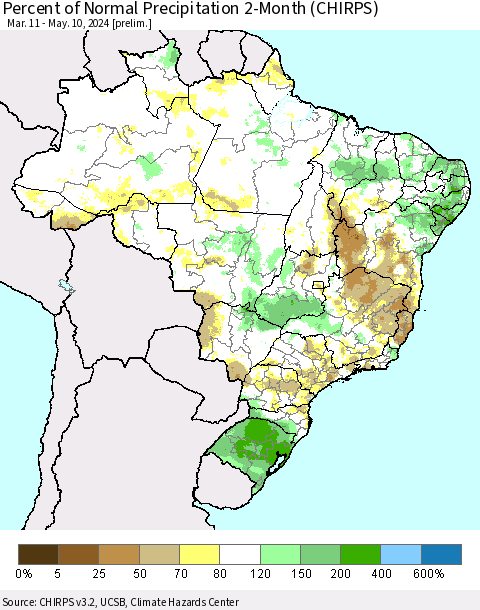 Brazil Percent of Normal Precipitation 2-Month (CHIRPS) Thematic Map For 3/11/2024 - 5/10/2024