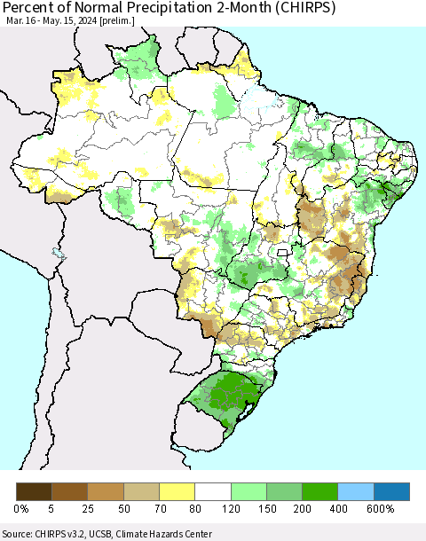 Brazil Percent of Normal Precipitation 2-Month (CHIRPS) Thematic Map For 3/16/2024 - 5/15/2024