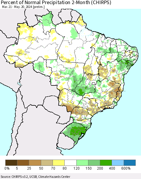 Brazil Percent of Normal Precipitation 2-Month (CHIRPS) Thematic Map For 3/21/2024 - 5/20/2024