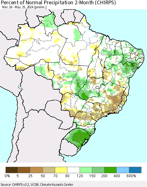 Brazil Percent of Normal Precipitation 2-Month (CHIRPS) Thematic Map For 3/26/2024 - 5/25/2024