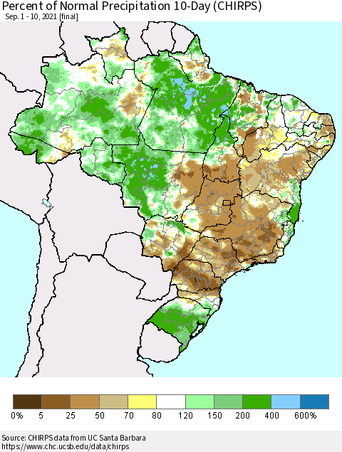 Brazil Percent of Normal Precipitation 10-Day (CHIRPS) Thematic Map For 9/1/2021 - 9/10/2021