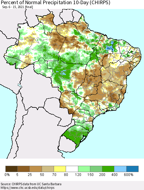 Brazil Percent of Normal Precipitation 10-Day (CHIRPS) Thematic Map For 9/6/2021 - 9/15/2021