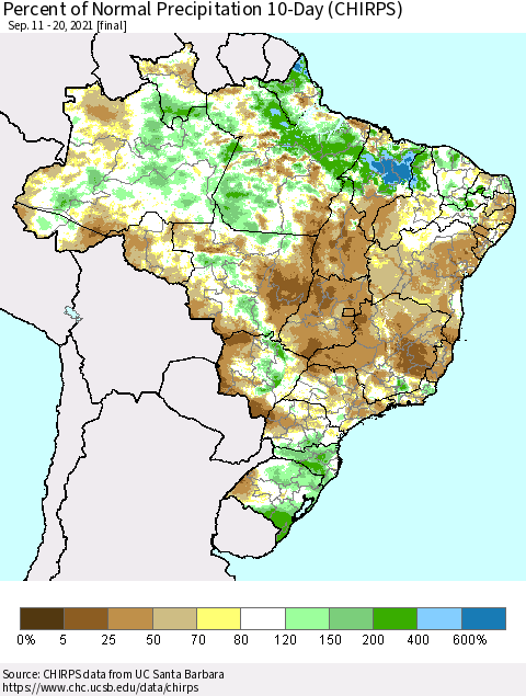Brazil Percent of Normal Precipitation 10-Day (CHIRPS) Thematic Map For 9/11/2021 - 9/20/2021