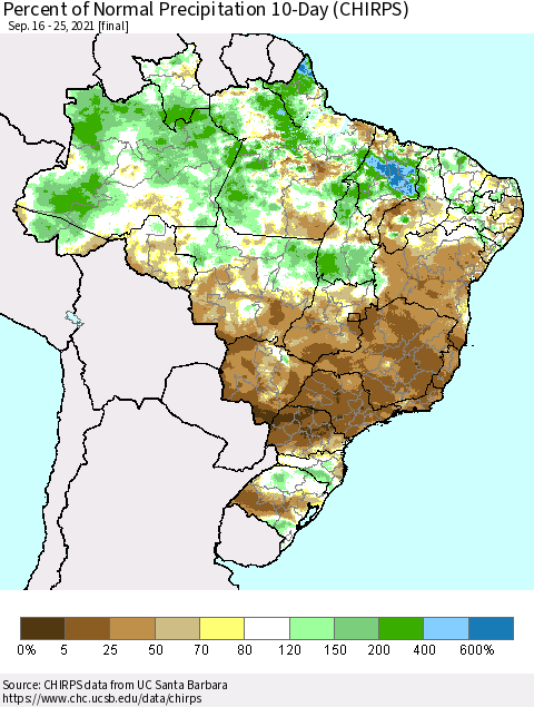 Brazil Percent of Normal Precipitation 10-Day (CHIRPS) Thematic Map For 9/16/2021 - 9/25/2021