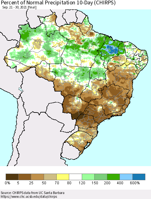 Brazil Percent of Normal Precipitation 10-Day (CHIRPS) Thematic Map For 9/21/2021 - 9/30/2021