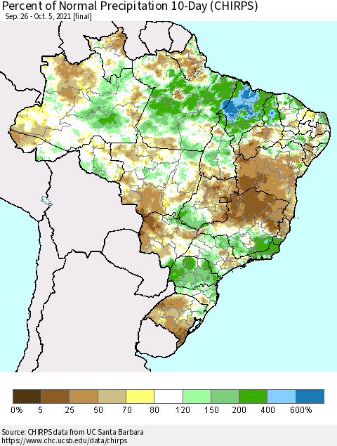 Brazil Percent of Normal Precipitation 10-Day (CHIRPS) Thematic Map For 9/26/2021 - 10/5/2021