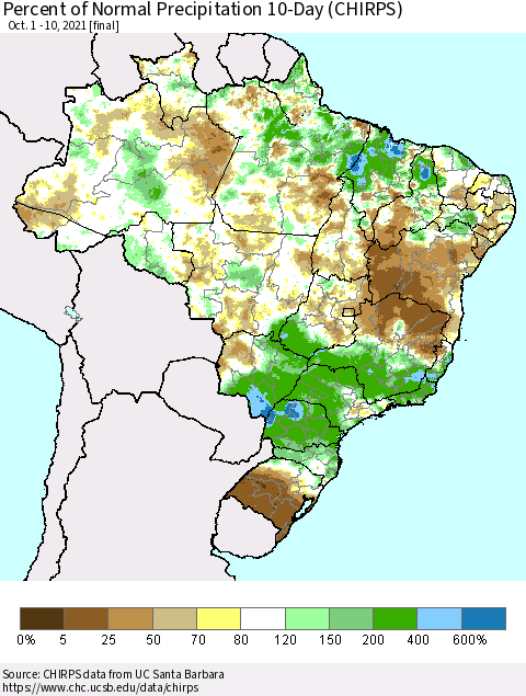 Brazil Percent of Normal Precipitation 10-Day (CHIRPS) Thematic Map For 10/1/2021 - 10/10/2021