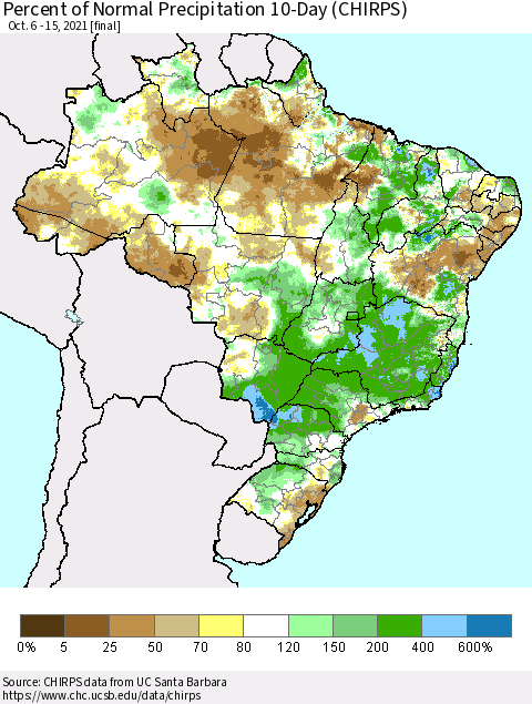 Brazil Percent of Normal Precipitation 10-Day (CHIRPS) Thematic Map For 10/6/2021 - 10/15/2021