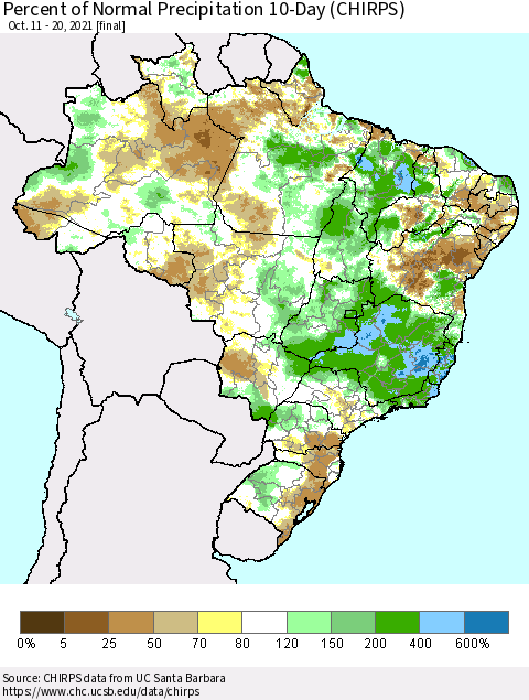 Brazil Percent of Normal Precipitation 10-Day (CHIRPS) Thematic Map For 10/11/2021 - 10/20/2021