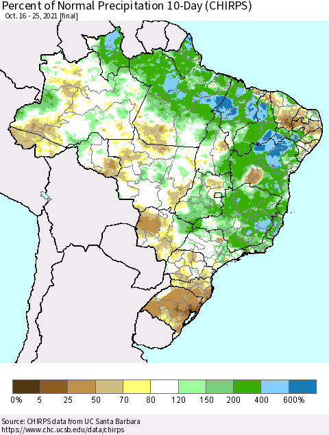Brazil Percent of Normal Precipitation 10-Day (CHIRPS) Thematic Map For 10/16/2021 - 10/25/2021