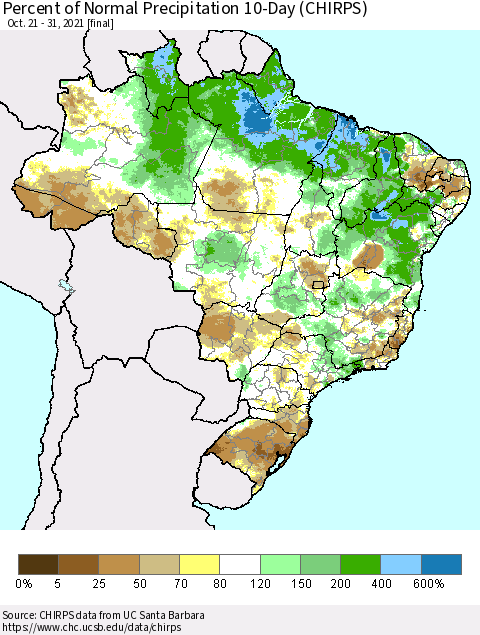 Brazil Percent of Normal Precipitation 10-Day (CHIRPS) Thematic Map For 10/21/2021 - 10/31/2021