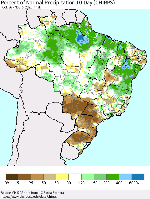 Brazil Percent of Normal Precipitation 10-Day (CHIRPS) Thematic Map For 10/26/2021 - 11/5/2021