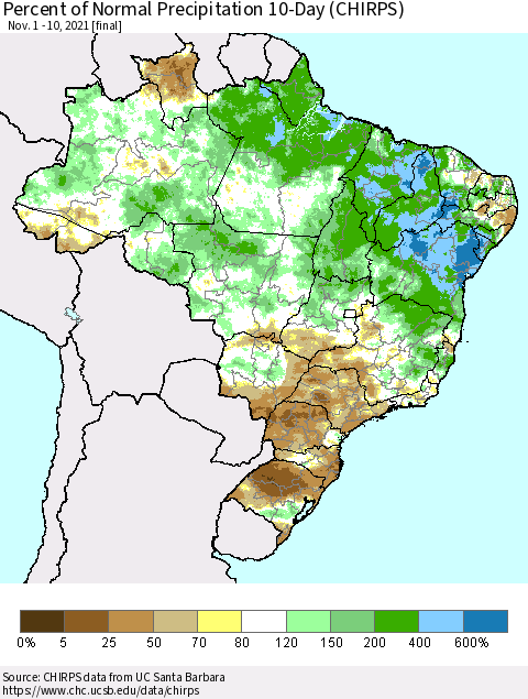 Brazil Percent of Normal Precipitation 10-Day (CHIRPS) Thematic Map For 11/1/2021 - 11/10/2021
