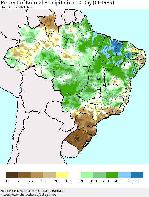 Brazil Percent of Normal Precipitation 10-Day (CHIRPS) Thematic Map For 11/6/2021 - 11/15/2021