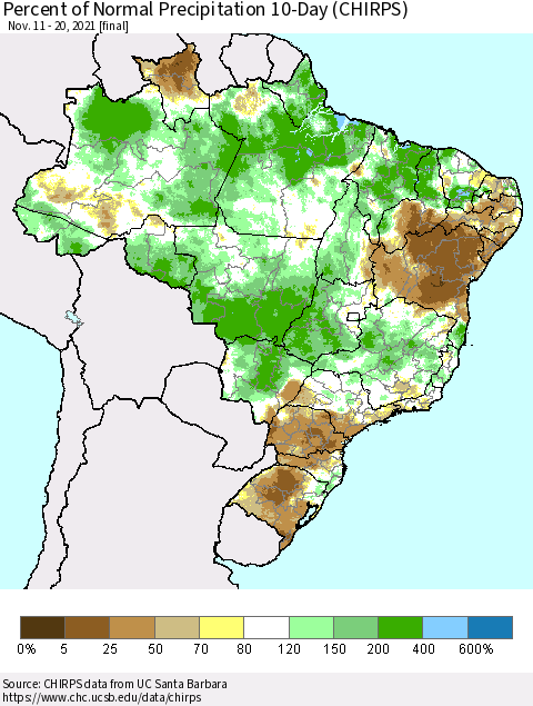Brazil Percent of Normal Precipitation 10-Day (CHIRPS) Thematic Map For 11/11/2021 - 11/20/2021