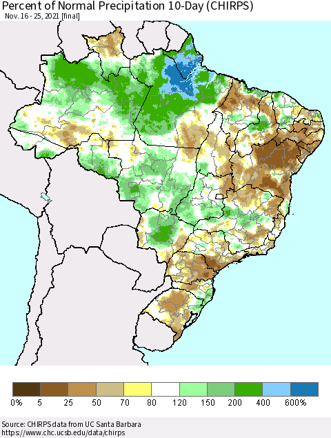 Brazil Percent of Normal Precipitation 10-Day (CHIRPS) Thematic Map For 11/16/2021 - 11/25/2021