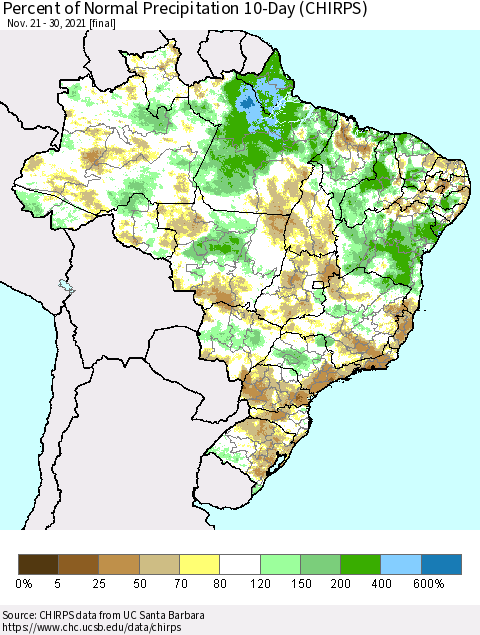 Brazil Percent of Normal Precipitation 10-Day (CHIRPS) Thematic Map For 11/21/2021 - 11/30/2021