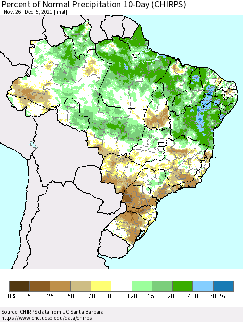 Brazil Percent of Normal Precipitation 10-Day (CHIRPS) Thematic Map For 11/26/2021 - 12/5/2021
