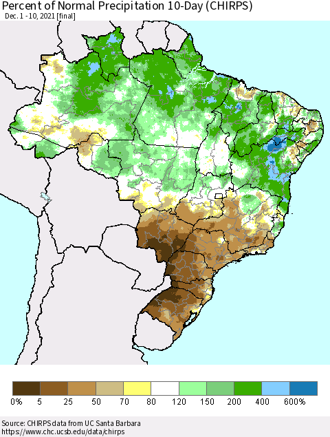 Brazil Percent of Normal Precipitation 10-Day (CHIRPS) Thematic Map For 12/1/2021 - 12/10/2021
