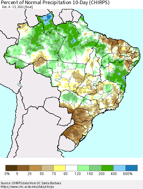 Brazil Percent of Normal Precipitation 10-Day (CHIRPS) Thematic Map For 12/6/2021 - 12/15/2021