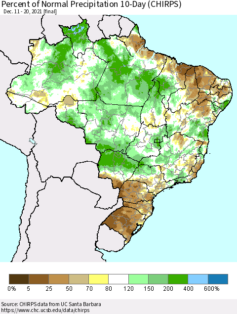 Brazil Percent of Normal Precipitation 10-Day (CHIRPS) Thematic Map For 12/11/2021 - 12/20/2021