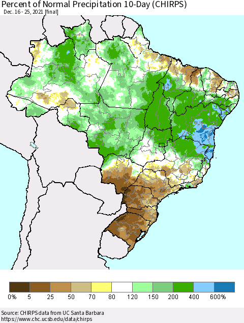 Brazil Percent of Normal Precipitation 10-Day (CHIRPS) Thematic Map For 12/16/2021 - 12/25/2021