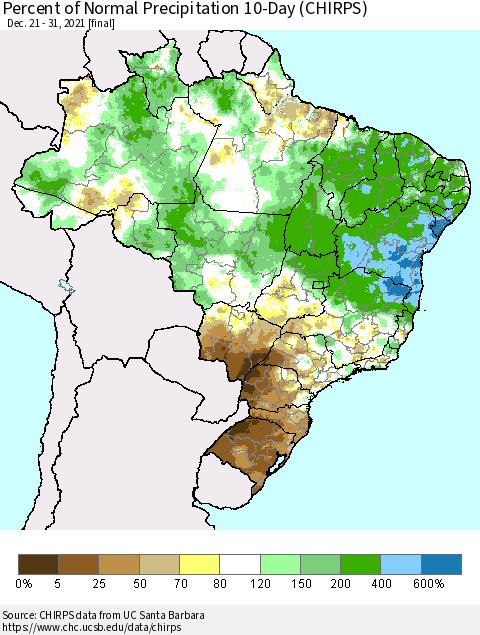 Brazil Percent of Normal Precipitation 10-Day (CHIRPS) Thematic Map For 12/21/2021 - 12/31/2021