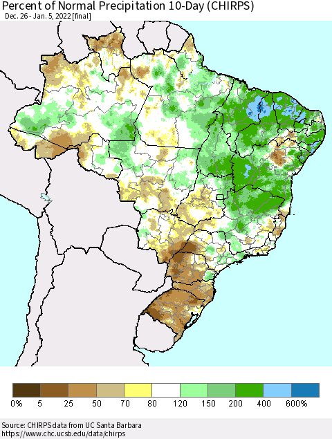 Brazil Percent of Normal Precipitation 10-Day (CHIRPS) Thematic Map For 12/26/2021 - 1/5/2022