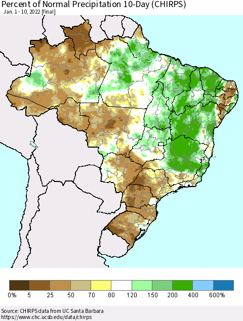 Brazil Percent of Normal Precipitation 10-Day (CHIRPS) Thematic Map For 1/1/2022 - 1/10/2022