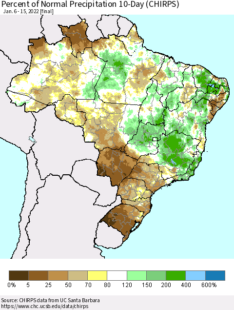 Brazil Percent of Normal Precipitation 10-Day (CHIRPS) Thematic Map For 1/6/2022 - 1/15/2022
