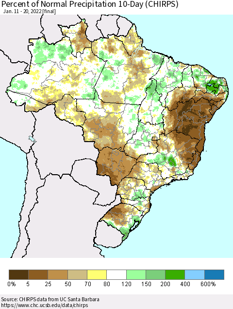 Brazil Percent of Normal Precipitation 10-Day (CHIRPS) Thematic Map For 1/11/2022 - 1/20/2022