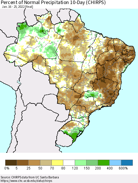 Brazil Percent of Normal Precipitation 10-Day (CHIRPS) Thematic Map For 1/16/2022 - 1/25/2022