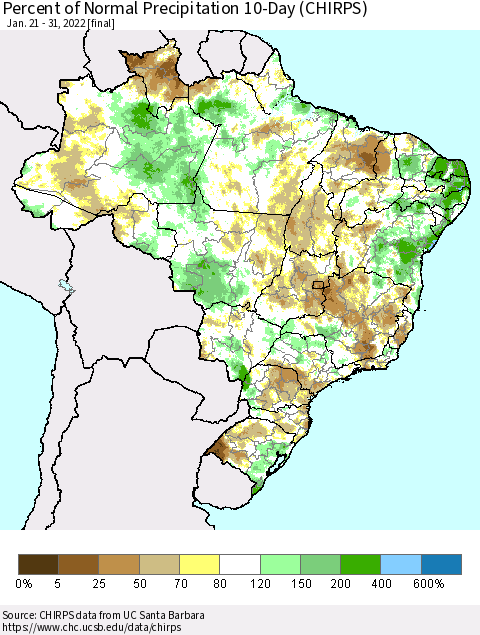 Brazil Percent of Normal Precipitation 10-Day (CHIRPS) Thematic Map For 1/21/2022 - 1/31/2022