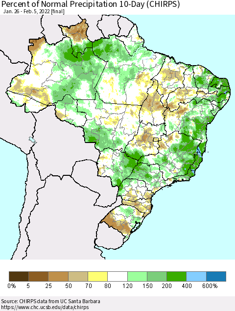 Brazil Percent of Normal Precipitation 10-Day (CHIRPS) Thematic Map For 1/26/2022 - 2/5/2022