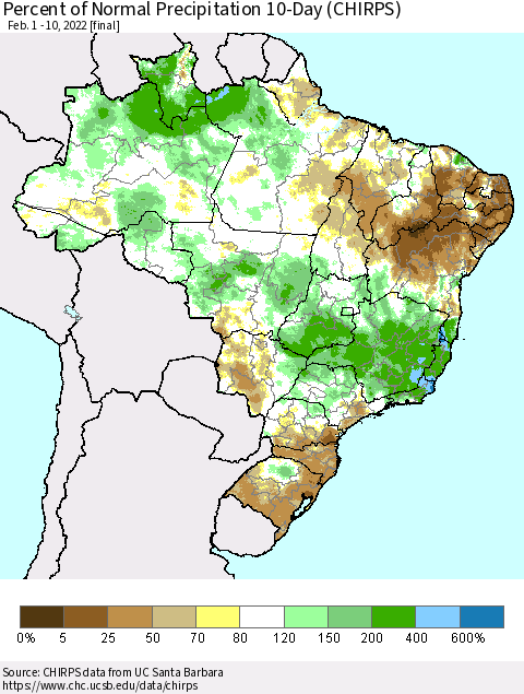Brazil Percent of Normal Precipitation 10-Day (CHIRPS) Thematic Map For 2/1/2022 - 2/10/2022
