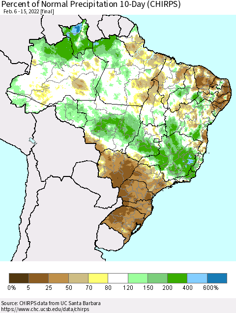 Brazil Percent of Normal Precipitation 10-Day (CHIRPS) Thematic Map For 2/6/2022 - 2/15/2022