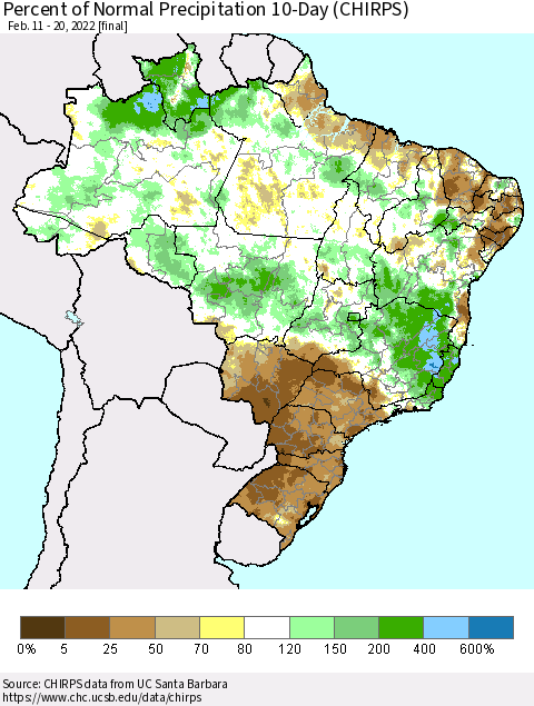 Brazil Percent of Normal Precipitation 10-Day (CHIRPS) Thematic Map For 2/11/2022 - 2/20/2022