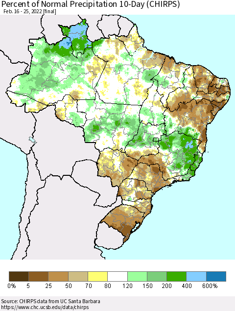 Brazil Percent of Normal Precipitation 10-Day (CHIRPS) Thematic Map For 2/16/2022 - 2/25/2022