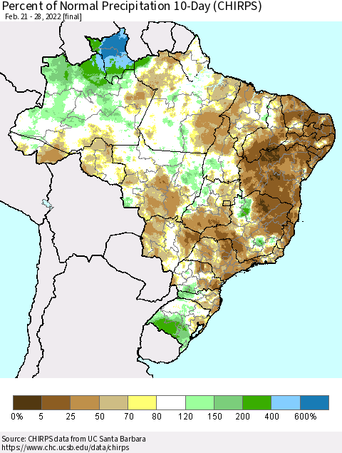 Brazil Percent of Normal Precipitation 10-Day (CHIRPS) Thematic Map For 2/21/2022 - 2/28/2022