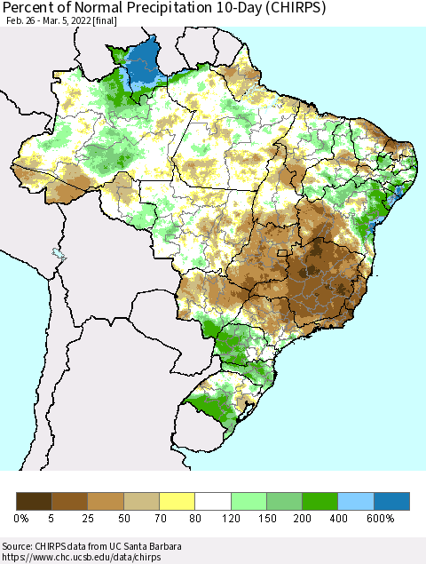Brazil Percent of Normal Precipitation 10-Day (CHIRPS) Thematic Map For 2/26/2022 - 3/5/2022