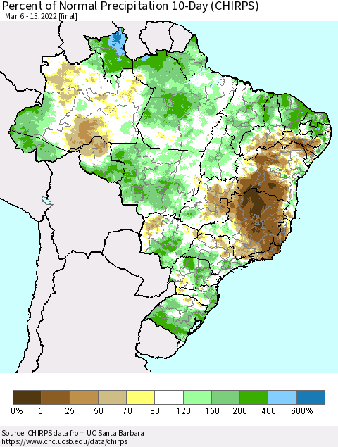 Brazil Percent of Normal Precipitation 10-Day (CHIRPS) Thematic Map For 3/6/2022 - 3/15/2022